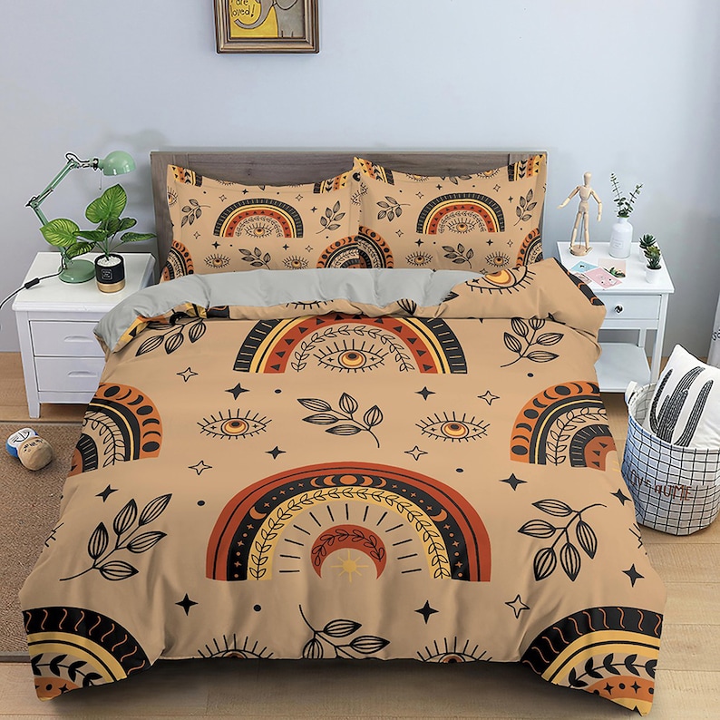 brown bedding with boho rainbow design nordic duvet cover bedding set (4pcs) 9112 4rtbu